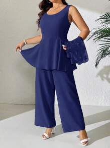 DreamSkyne Conjunto de 2 piezas de talla grande con cubierta bordada en 3D de malla + pantalones anchos de pierna ancha, elegante y casual