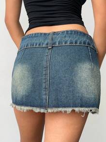 Aloruh Women's Dark Blue Jean Mini Skirt,D-Ring Buckle Frayed Hem Denim Piece For Summer Streetwear Y2k Night Out,Chic Light Wash Versatile Casual Skirt - Light Wash - View 2