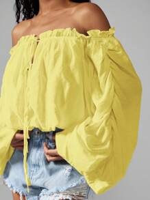 MISSGUIDED Off Shoulder Peasant Top Boho Chic Summer Puff Sleeve Blouse Gathered Crop Festival Beach Vacation Spring - Yellow - View 4