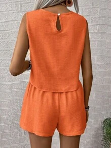 SHEIN PETITE 2pcs/Set Solid Color Vacation Casual Tank Top And Shorts Set - Orange - View 2
