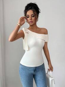 Elenzga Women's Elegant Apricot Oblique Shoulder Fitted T-Shirt With Bowknot Decor