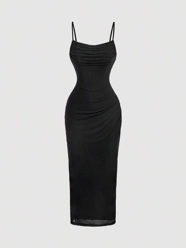 SHEIN MOD Black Sheer Mesh High Split Mid-Length Bodycon Dress,Wedding Guest Dress Women,Birthday Dresses For Women,Goth,Western Wear Women,Boho,Halloween Clothes,2000s Style,Old Money Style,Classy Outfits For Women
