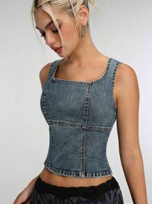 Jeanoix Y2K Tie-Front Sexy Backless Washed Denim Blouse - Dark Wash - View 5