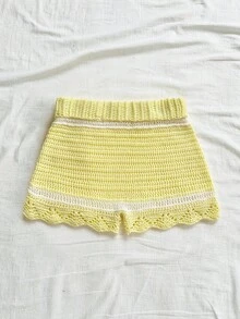 Soleia Quần short thường ngày dệt kim họa tiết hoa 3D dành cho nữ, màu be, mùa hè, ngày lễ - Màu Mù tạt vàng - Xem 2