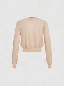 SHEIN MOD Cárdigan casual de mujer con ribete de contraste y botones delanteros semitransparentes, básicos casuales cómodos y acogedores del estilo de los 90s, ideal para el uso diario en otoño/invierno - Caqui - Ver 4