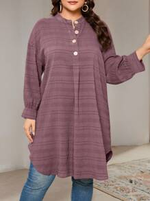 Veilorie Plus Size Women's Solid Color Drop Shoulder Long Sleeve Button Half-Placket Long Casual Shirt, Fall - Dusty Purple - View 1