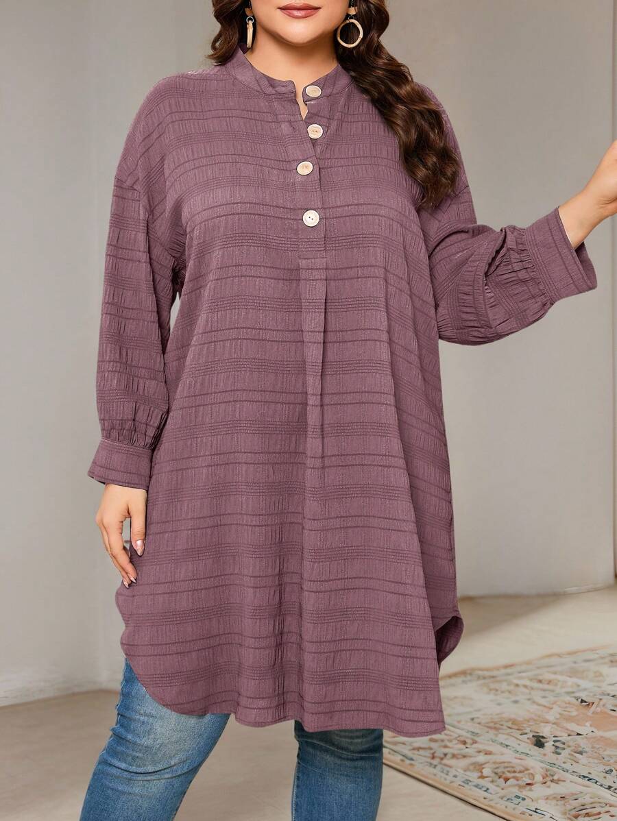 Veilorie Plus Size Women's Solid Color Drop Shoulder Long Sleeve Button Half-Placket Long Casual Shirt, Fall - Dusty Purple - View 1