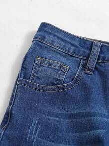 SHEIN Jeans ajustados cómodos y elásticos con diseño lavable azul vintage cool de estilo casual Y2K para niños preadolescentes, ropa diaria suave, ropa de verano y otoño para festivales rave y playa, ropa de calle y escuela en invierno - Azul - Ver 4
