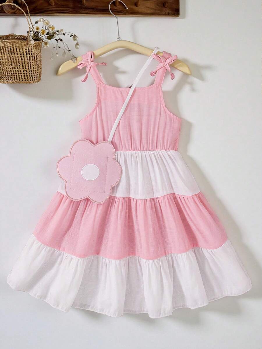 SHEIN Vintaside Kids Young Girl Fresh Color Block Cute Summer Suspender Dress