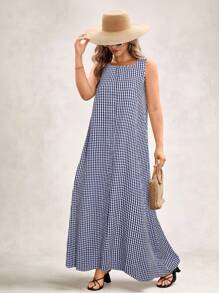 SHEIN LUNE Vestido largo de verano casual y holgado con bolsillos para mujer talla grande a cuadros