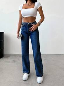 EURMUSE Quần Jeans Ống Thẳng Vintage Washed 100% Cotton Dành Cho Nữ - Rửa trung bình - Xem 3