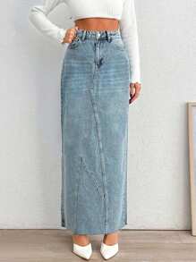 SHEIN Cottnline High Waist Back Slit Denim Skirt Stylish Casual - Medium Wash - View 6