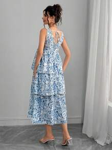 SHEIN Women's Elegant Floral Print Casual Sleeveless Maternity Dress - Blue and White - View 2