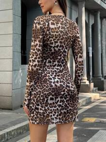 INAWLY 1 件女式豹纹长袖迷你连衣裙 - 彩色 - 查看 2