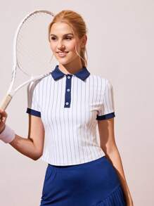 CourtClass Women's Slim Fit Striped Print Sports Polo Shirt For Tennis & Outdoor Exercise Women Golf Tops Women Polo Shirts Women Tennis Tops Striped Polo Shirt Athletic Tops For Women - Multicolor - View 7