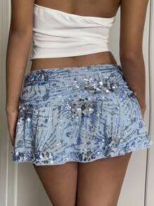 Comfortcana 时尚蓝色亮片低腰迷你裙，夏季