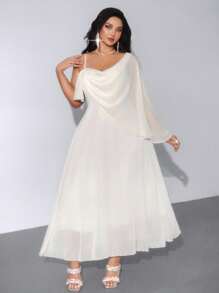 Viva Relle Đầm xòe cổ yếm không đối xứng dây mảnh cỡ lớn màu mơ bồng bềnh thanh lịch dành cho nữ, thích hợp cho kỳ nghỉ, hẹn hò, tiệc tùng - Màu be - Xem 3