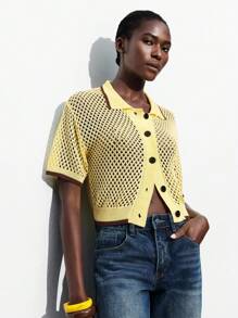 Maija Áo khoác cardigan len cổ tròn dáng rộng trễ vai mùa thu 2025, áo khoác ngoài công sở khoét lỗ phong cách du lịch cho nữ, đồ đi biển - Màu vàng - Xem 7