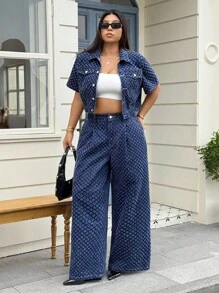 SHEIN ICON 大码女式钩针细节牛仔阔腿连体裤，春夏