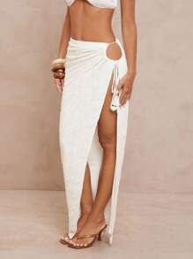 Lumalex 全白派对女装秋季适度老钱闪光假日派对郊游夏季泳衣游泳度假波西米亚风 BOHO 海滩热户外丰富层次婚礼季节宴会成年礼海滩海边女士单件荷叶边腰休闲裙沙滩裙度假女士开衩裙 - 杏色 - 查看 5