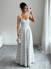 Selianne Sleeveless Square Neck Waist-Cinched A-Line Plaid Fabric Elegant Romantic Women Dress - Black and White - View 1