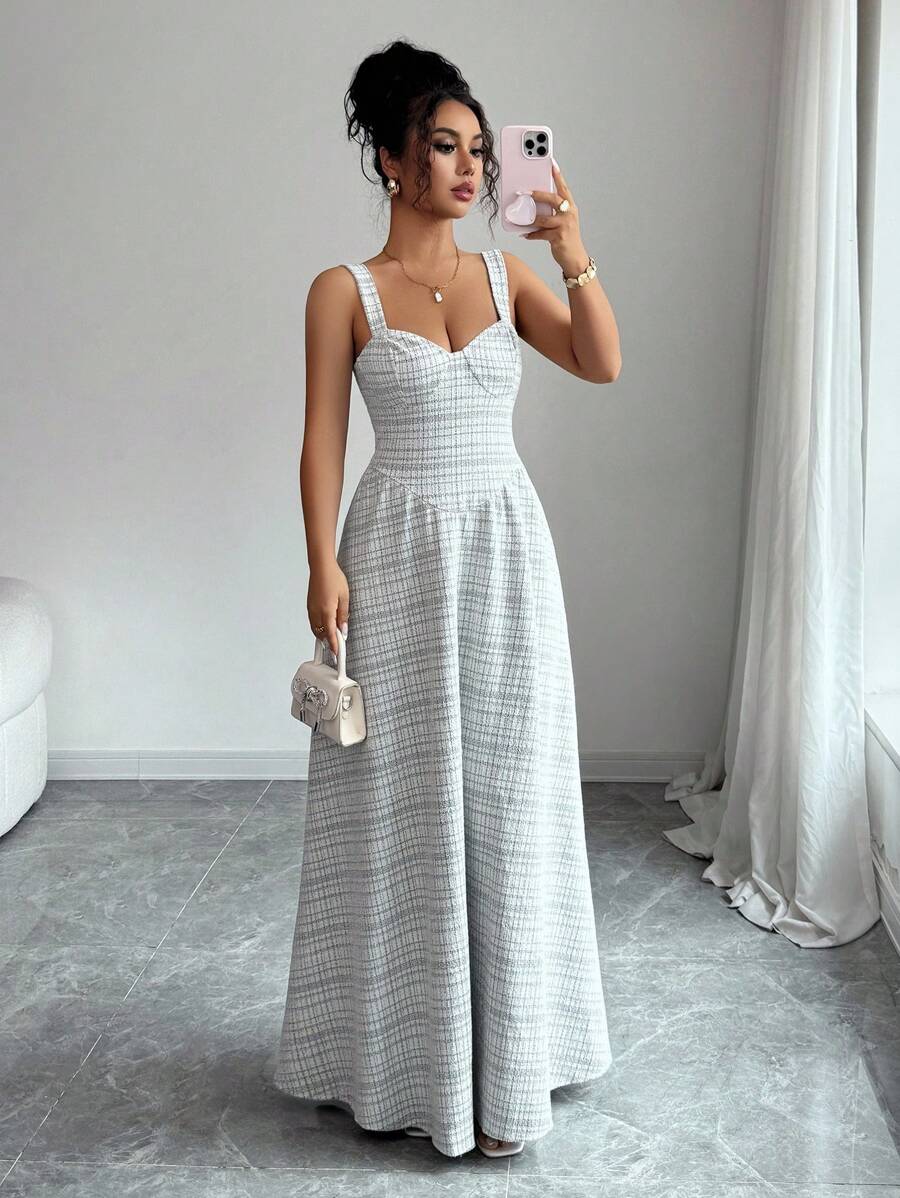 Selianne Sleeveless Square Neck Waist-Cinched A-Line Plaid Fabric Elegant Romantic Women Dress - Black and White - View 1