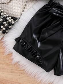 Young Girls Outerwear Co-Ords 2 Pieces Girls Black Faux Leather Jacket And Ruffle Shorts Set, Stylish Spring Summer Suit Girls Black Faux Leather Suit Set, Ruffle Lapel Jacket And Shorts For Party, School, Performance Black 2 Pieces Set Black Outfit Black Outfits For Leather Outfits Ruffle Outfit Black Outfits Black Pu Leather Outfit Girls Black Leather Outfit Set Young Girl Black Leather Shorts Set - Black - View 7