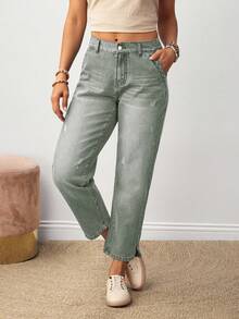 EMERY ROSE 女士休闲日常时尚百搭纽扣牛仔裤 - 綠色 - 查看 3