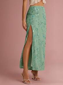 Enchnt 女士优雅节日亮片刺绣侧开衩裙