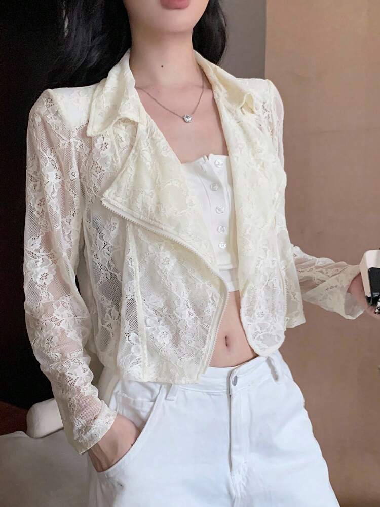 Women's Loose Casual Streetwear Inspired Contrast Lace Long Sleeve Jacket Thin Outerwear, Suitable For Spring, Summer, Autumn,Fall Women Clothes
