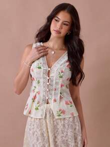 Enchnt 夏季浪漫女式杏色花卉图案撞色蕾丝 V 领单扣无袖时尚上衣，休闲舒适，适合生日、节日派对、甜蜜约会、日常通勤和度假，夏季百搭，音乐会女装 - 白色 - 查看 5