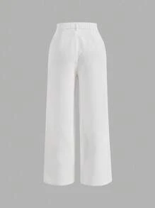 SHEIN X ELOISA & ORSON SHEIN MOD Pantalones rectos de pana blanca con cintura alta, detalles de botones y bolsillos parche