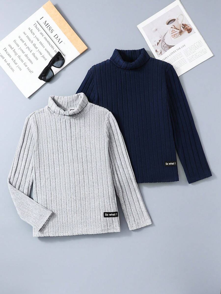 SHEIN 2pcs Letter Patched Detail Turtleneck Ribbed Tee - Multicolor - View 1