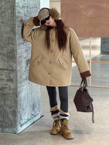 DAZY Teen Girls' Colorblock Patchwork Long Sleeve Padded Coat, Casual Street Style For Winter - Khaki - View 7