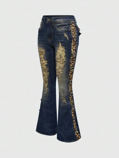 J-Fashion Y2K Gyaru Harajuku Taille Niedrig Leoparden Muster Vintage Skinny Super Niedrige Taille Jeans für Damen