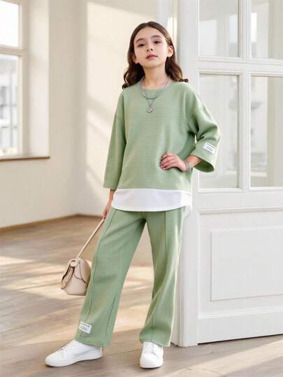 SHEIN Tween 女孩休閒街頭拼貼貼片細部運動服