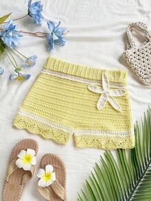 Soleia Quần short thường ngày dệt kim họa tiết hoa 3D dành cho nữ, màu be, mùa hè, ngày lễ - Màu Mù tạt vàng - Xem 7