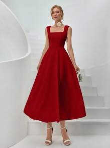 CLARA VERO 女士纯色梭织春夏季度假装长款衬衫裙系带低 V 腰侧开衩蓬蓬裙 - 紅色 - 查看 4