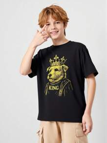 Boys' Casual Short Sleeve T-Shirt With Dog King Crown Graphic, All Season - Black - View 6