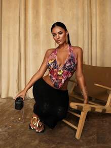 Sirith 全新女式印花深 V 垂坠领口金属装饰扣吊带性感上衣”详情 - 彩色 - 查看 4