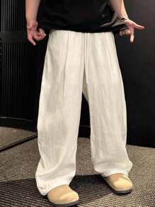 Claim Dot 男士宽松直筒阔腿亚麻抽绳腰休闲裤，宽松裤，秋季 - 杏色 - 查看 1
