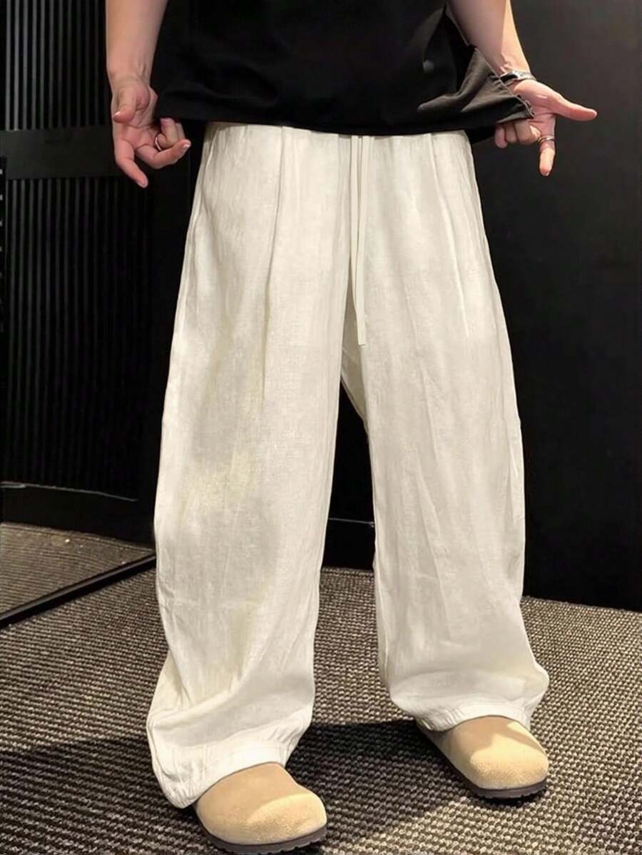 Claim Dot 男士宽松直筒阔腿亚麻抽绳腰休闲裤，宽松裤，秋季 - 杏色 - 查看 1