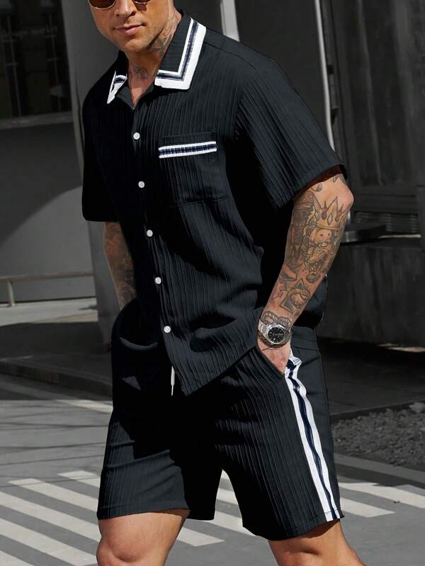 Manfinity CasualCool Men's Short Sleeve Single-Breasted Pocket Shirt & Shorts Casual Textured Striped Suit