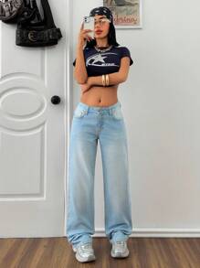 EURMUSE 休闲水洗低腰直筒牛仔裤 - 中等水洗藍 - 查看 7