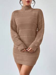Islaluna Solid Color Turtleneck Textured Knit Long Sleeve Sweater Dress Fall Winter Cloth For Women
