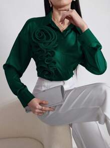 Modelyn Tricou elegant pentru femei, cu mânecă lungă, cu decor floral 3D, croială lejeră, cu umeri căzuți, design simplu, potrivit pentru primăvară și toamnă - Verde inchis - Vizualizare 3