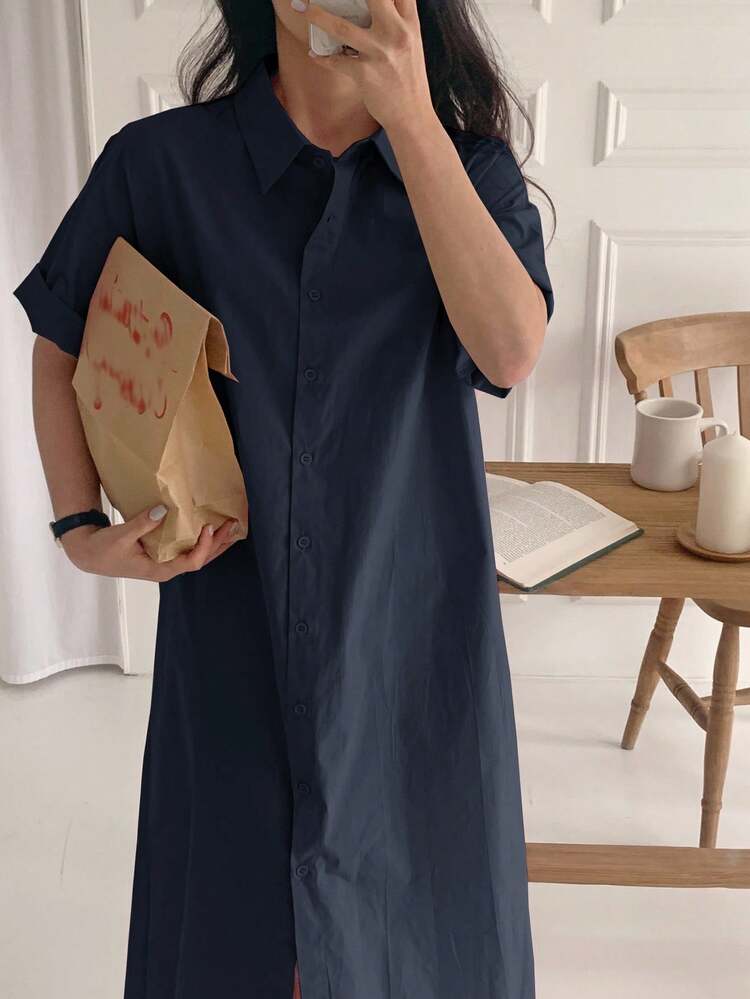 Women Loose Mid-Length Shirt Dress Short Sleeve Maxi Dress