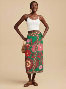 Travachic 女士休闲花卉印花系带裹膝裙，度假风格