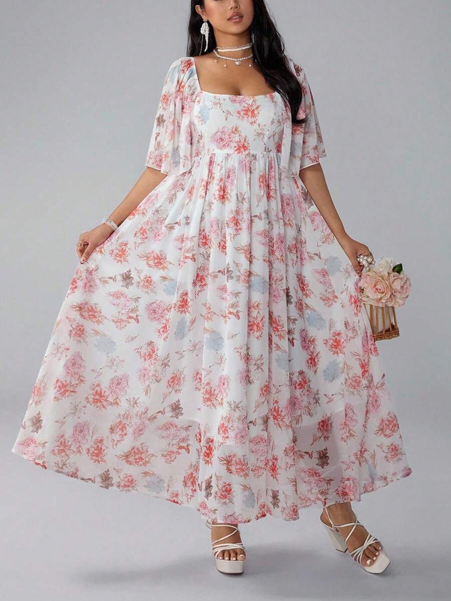 Lyrianda 大码女式浪漫花卉印花网眼泡泡袖连衣裙 - 粉色 - 查看 1