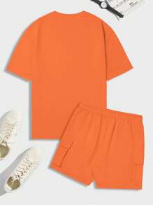 Manfinity Homme Men's Solid Color Crew Neck Short Sleeve Casual T-Shirt And Drawstring Waist Cargo Shorts Set - Orange - View 2
